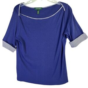 Lauren Ralph Lauren Boat Neck Top Women L Blue Striped Trim Nautical Preppy Y2K